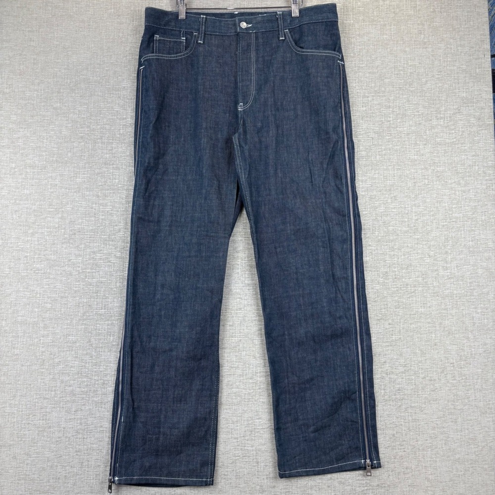 Zara Man Dark Wash Indigo Full Side Zip Straight Leg Jeans Mens 36 White Stitch